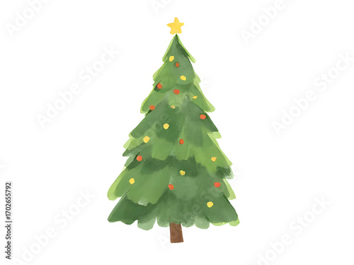 Christmas Tree with Star and Ornaments on Transparent Background
