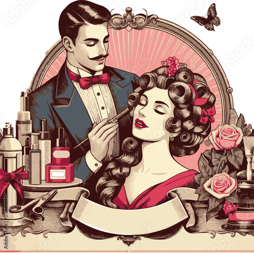 Vintage hairdresser styling woman with makeup in retro salon  