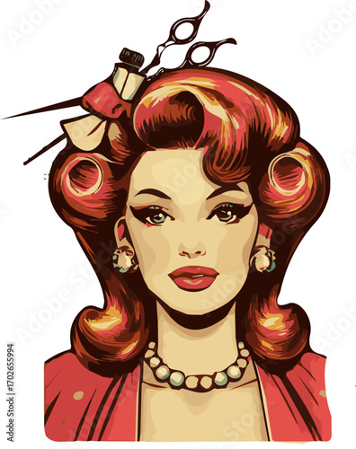 Vintage woman with retro hairstyle and accessories in colorful style  