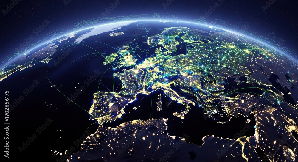 Obraz premium Earth at Night illuminated cities and global connectivity from space