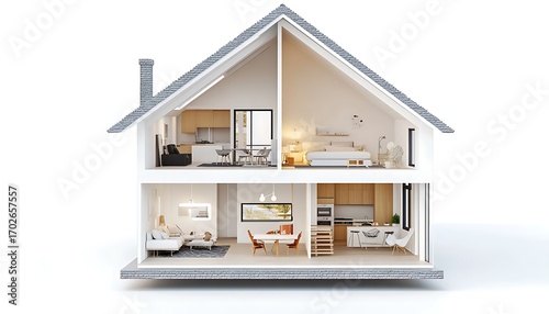 Modern TwoStory House Interior, Open Floor Plan Design with White Background Style
