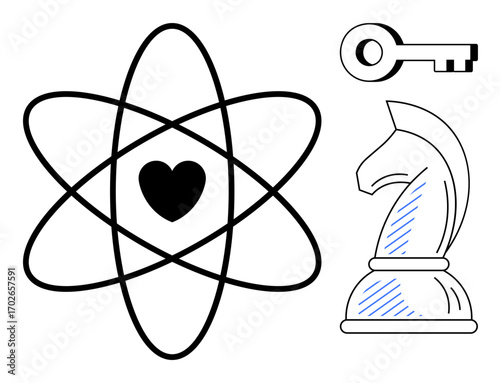 Atomic structure with heart center, chess knight, and key suggest fusion of science, love, strategy, and access. Ideal for innovation, teamwork, creativity planning inspiration logic flat simple