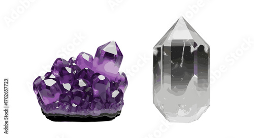 A digital rendering displaying two crystals one amethyst cluster and one clear quartz point on white background on transparent background