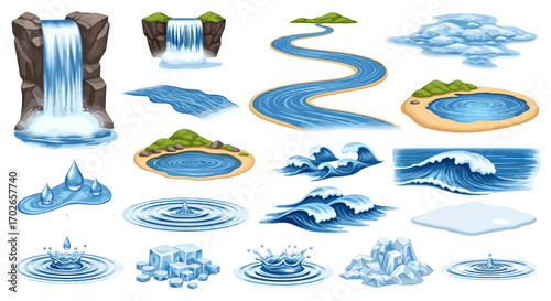Illustration showing various water bodies including waterfalls rivers ponds waves and ice formations set on white on transparent background