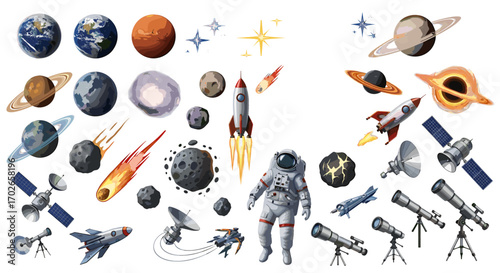 Illustration featuring planets, stars, asteroids, rockets, astronaut, satellites, and telescopes artfully arranged on transparent background
