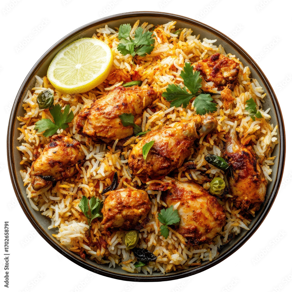 Fototapeta premium Plate with chicken biryani isolated on transparent background
