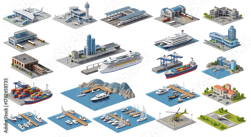 Isometric representation of various transportation hubs including airports, ports, and train stations on transparent background