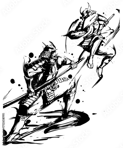 Clash of Armored Samurai Warriors – Sumi-e Ink Art