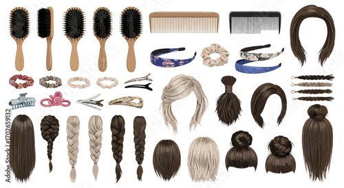 A collection of hair accessories including brushes combs scrunchies headbands clips and various hair extensions on transparent background