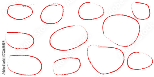 Vector art illustration of a grunge rubber stamp set with a red heart symbol, circle sign, and speech bubble frames. Handwritten red circle. For marking text, numbers, marker pen, pencil, logo. Grunge