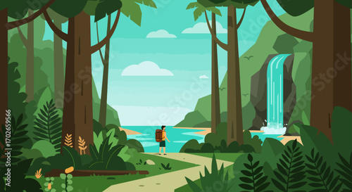 Adventurer with Backpack Gazes at Tropical Waterfall and Turquoise Water