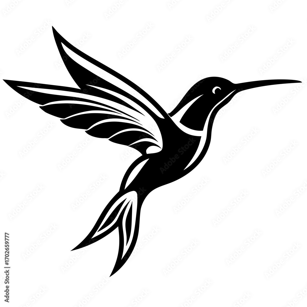 Obraz premium Stylized black hummingbird in flight side view art on transparent background