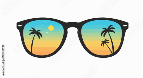 Black Sunglasses Reflecting a Tropical Sunset with Palm Trees