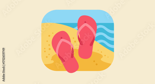 Pair of Red Flip-Flops on a Stylized Sandy Beach with Ocean Waves