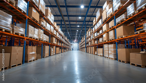 Expansive warehouse interior filled with tall shelves stacked high with various goods. Cardboard boxes, wooden crates organized on pallets, indicating large-scale storage, distribution facility