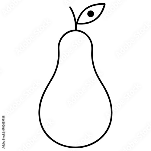 Simple outline drawing of a pear with a single leaf on transparent background