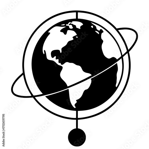 Stylized globe with orbital ring in black and white on transparent background