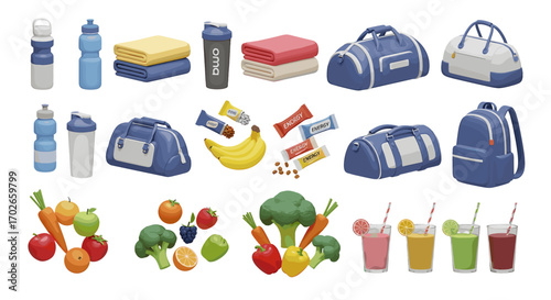 A vibrant display of gym essentials including water bottles towels bags snacks fruits vegetables and smoothies on transparent background