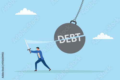 Vector illustration of a businessman cutting a dumbbell labeled 'DEBT' with a sword, symbolizing breaking free from financial burdens and overcoming money struggles

