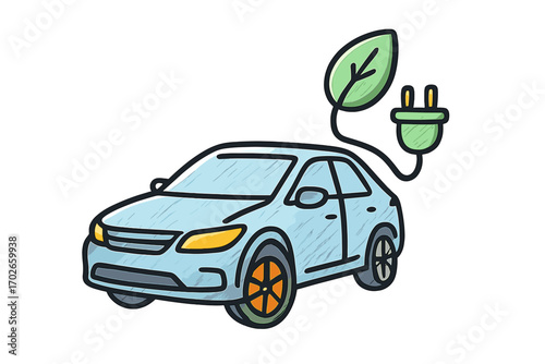Electric car with leaf symbol and charging plug illustration hybrid model sketch