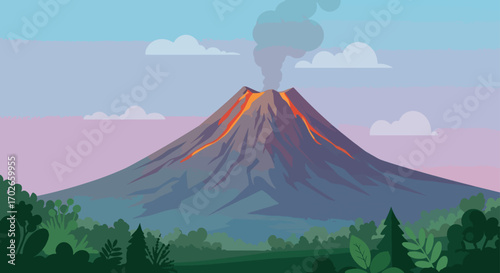 Active Volcano Erupting with Lava Flow and Smoke Plume