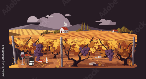Autumn vineyard scene with ripe grapes and wine tasting setup