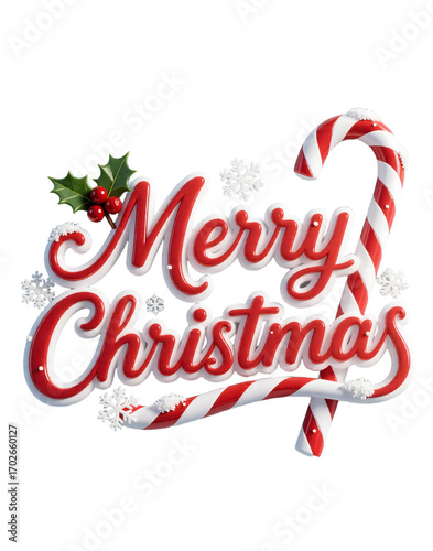 Merry Christmas Festive Typography: Candy Cane and Holly on Black Background