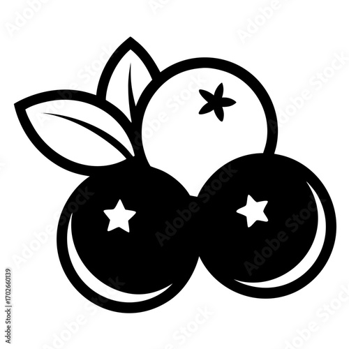 Illustration of three blueberries with two leaves on transparent background