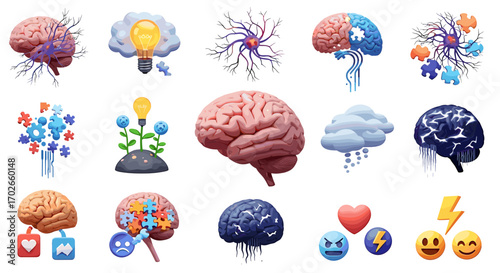 Collection of brain illustrations showcasing creativity, emotions, and mental processes in various forms on transparent background