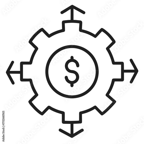 Gear with dollar sign and directional arrows icon on transparent background