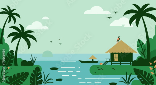 Tropical Island Hut with Bird and Boat Scene