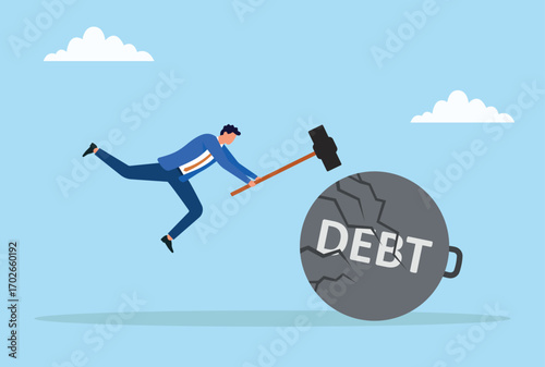 Vector illustration of a businessman smashing a dumbbell labeled 'DEBT' with a hammer, symbolizing breaking free from financial burdens and overcoming money struggles
