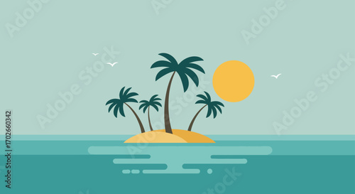 Minimalist Tropical Island with Palm Trees and Sun