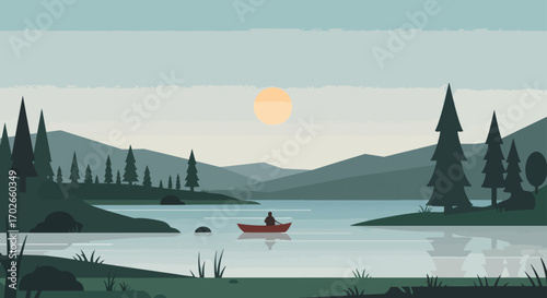 Solitary figure rows a red boat across a serene lake at sunset.