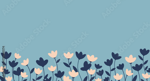 Minimalist Dark Blue and Peach Flowers on Soft Blue Background