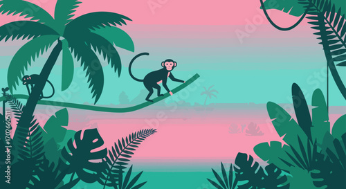 Stylized Monkey Perched on a Branch in a Tropical Jungle Setting