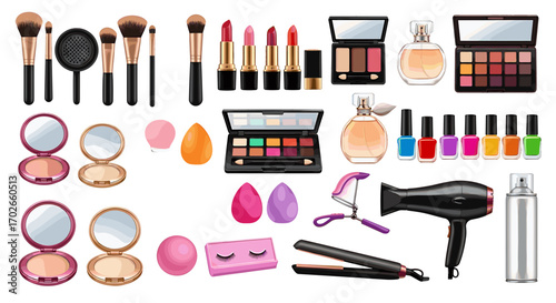 Assortment of makeup brushes, lipsticks, eyeshadow palettes, perfumes, and beauty tools arranged neatly on transparent background