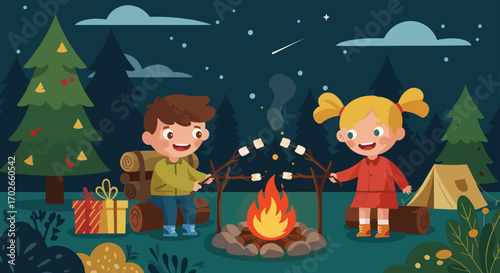 Children roasting marshmallows over a campfire at night