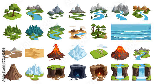 Isometric game landscape elements featuring mountains rivers trees volcanoes and various terrain types on transparent background