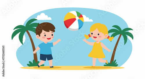 Two Happy Children Playing Beach Ball Under Palm Trees