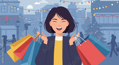 Joyful woman holding shopping bags with festive holiday decorations