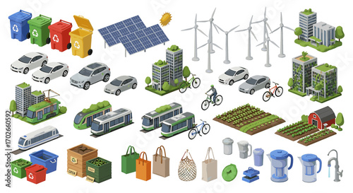 Isometric view of eco friendly city elements including transportation energy sources and recycling bins on transparent background