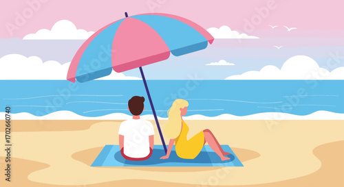 Couple relaxing under a beach umbrella on a sunny day