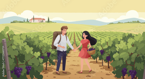 Couple walking hand-in-hand through a lush vineyard with ripe grapes