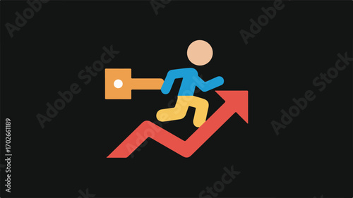 Figure Running Upward on Red Arrow Graph with Key Symbol person