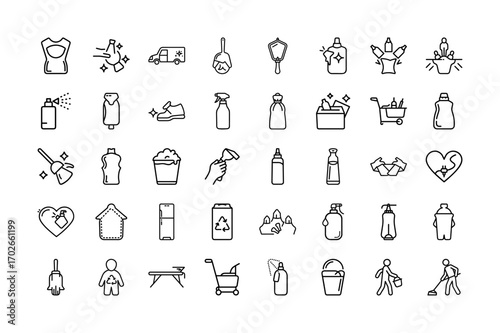Cleaning Service Line Icon Collection | Household Chores, Cleaning Products, Volunteer Cleanup, Charity and Donation Symbols, Community Housekeeping, Hygiene and Sanitation Vector Set.