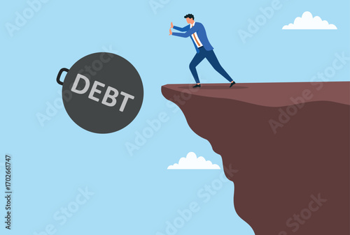 Vector illustration of a businessman throwing a heavy dumbbell labeled 'DEBT' down a hill, symbolizing relief from financial burdens and the struggle to overcome debt
