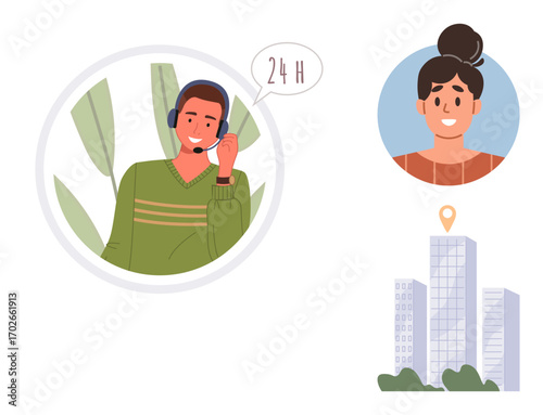 Support agent wearing headset, speech bubble 24H, satisfied customer avatar, and skyscraper office location. Ideal for customer service, communication, teamwork, availability, business operations