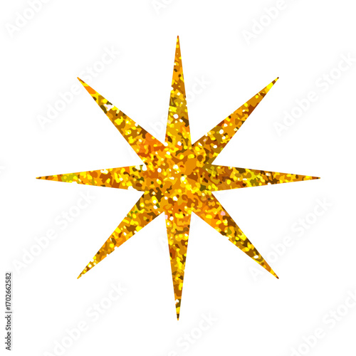 Golden glitter eight-pointed star vector illustration. Sparkling festive decoration element with shiny textured effect for Christmas, New Year and celebration design