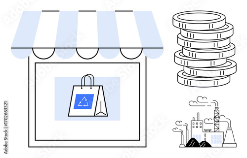 Market storefront with eco-friendly shopping bag, stack of coins representing cost and profits, and factory with smoke stacks. Ideal for sustainability, retail, economy, recycling, business